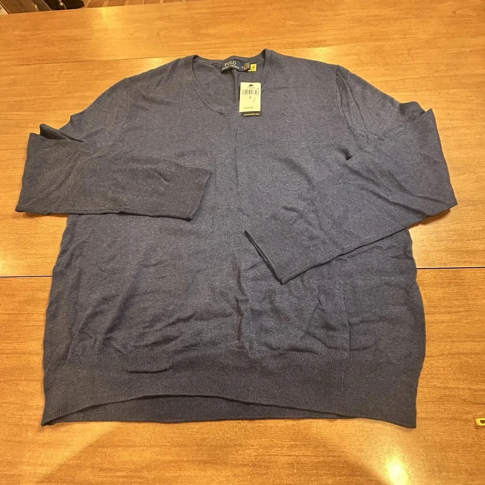 Polo Ralph Lauren Sweater Mens M Navy Blue Cotton V Neck Knit Pullover NEW Dad